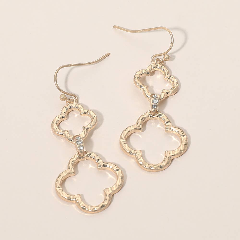 Textured Metal Open Quatrefoil Stone Pave Link Drop Earrings