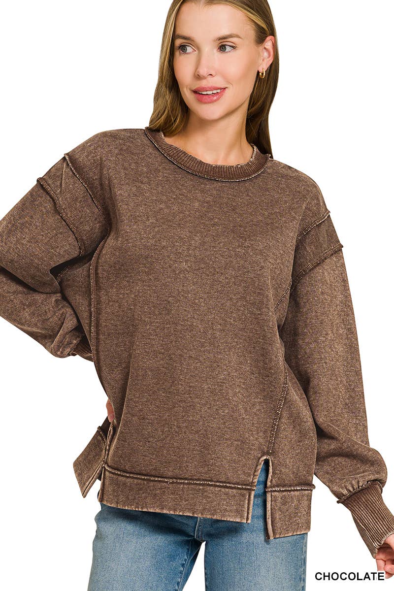 `Washed Slit hem Fleece Sweatshirt SI-26719 Zenana