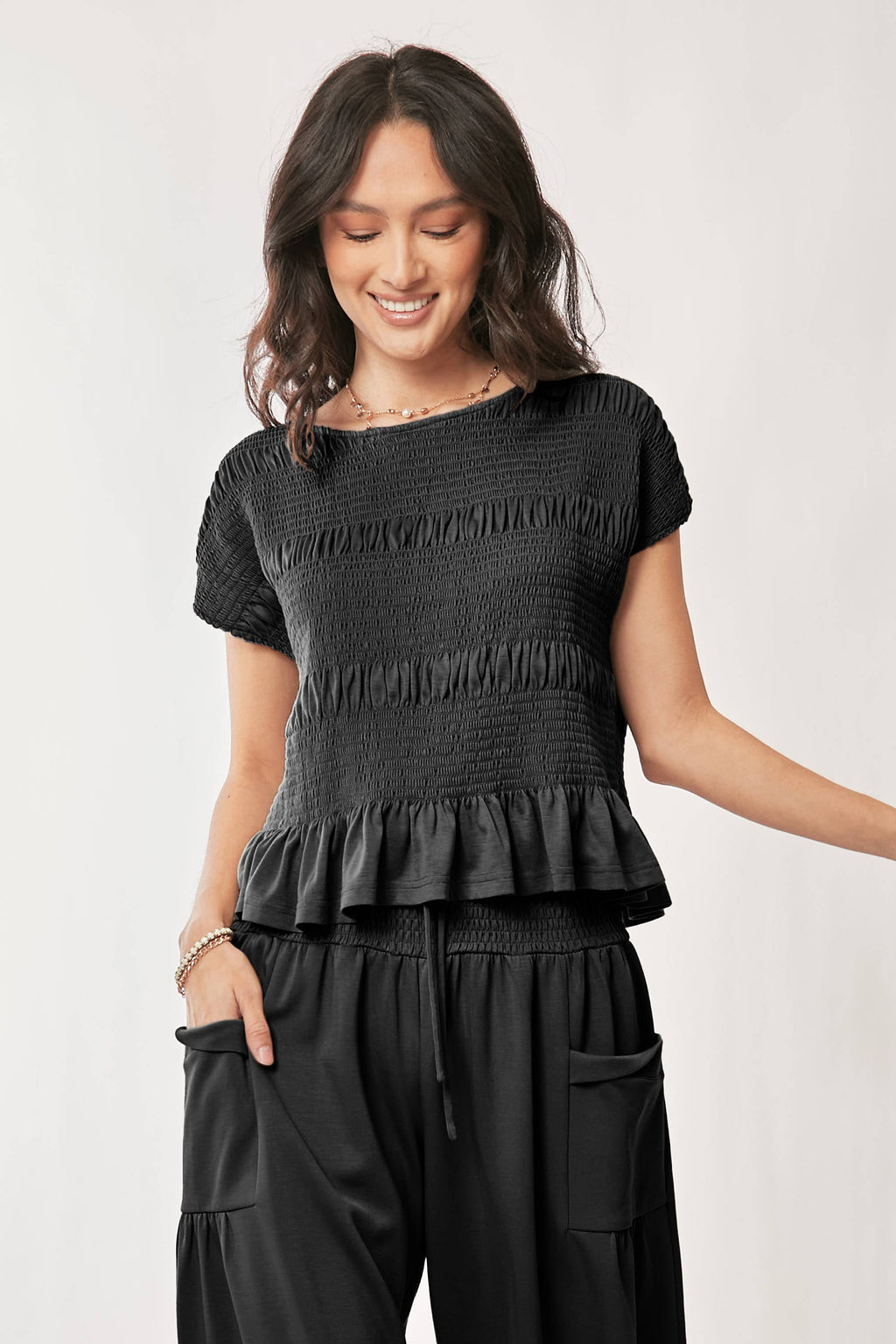 DETP40227-UFFLE CAP SLEEVE TOP AND WAISTBAND PANTS SET