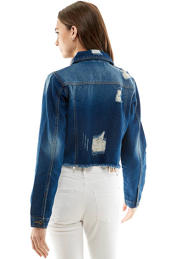 Ladies'  Cropcut Denim Jacket with Distressed, JK-4010