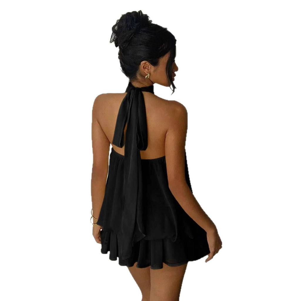 Sexy backless neck-baring puff-sleeved dress