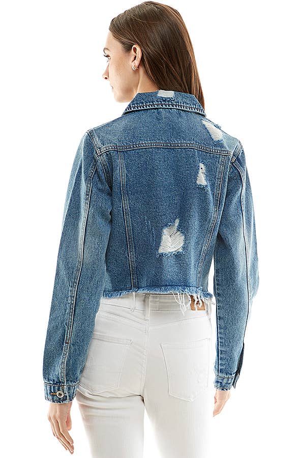 Ladies'  Cropcut Denim Jacket with Distressed, JK-4010