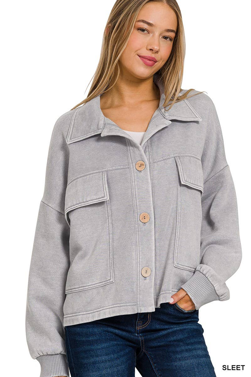 Acid Washed Fleece Front Pocket Cropped Shacket