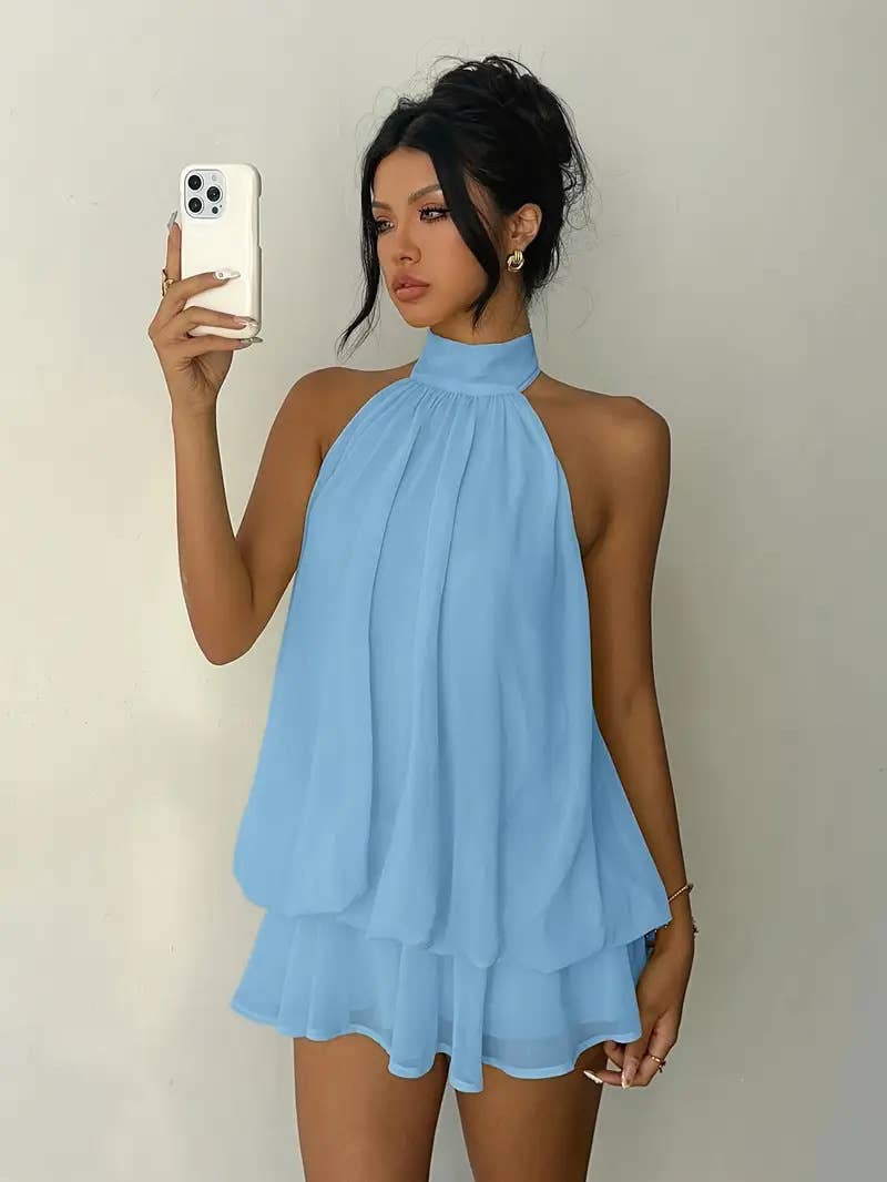 Sexy backless neck-baring puff-sleeved dress
