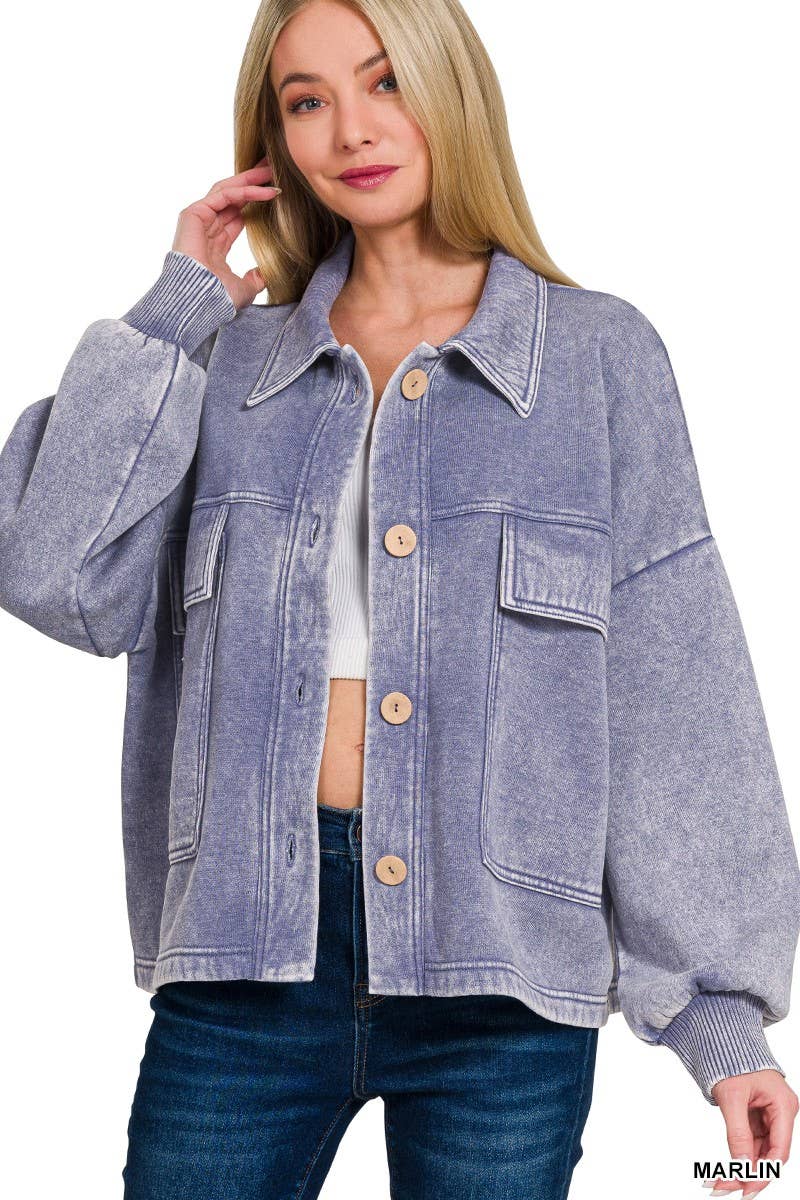 Acid Washed Fleece Front Pocket Cropped Shacket