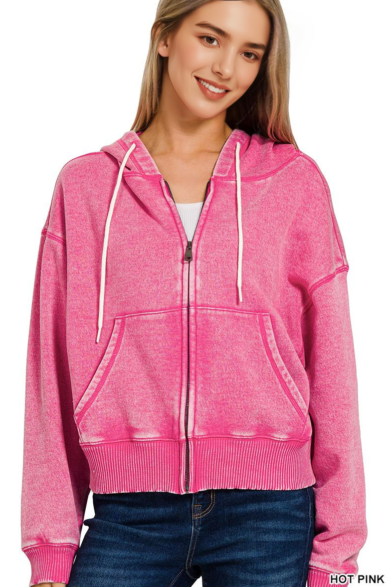 `Acid Wash Fleece Cropped Zip Up Hoodie - Zenana