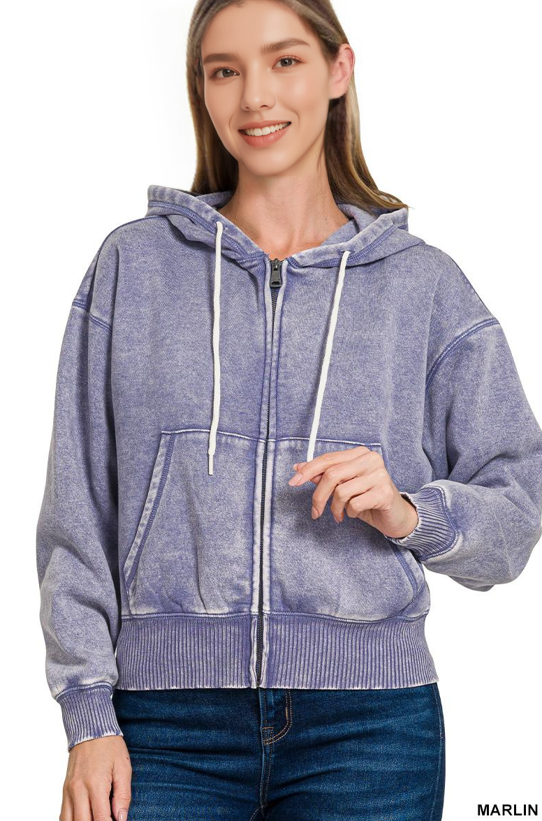 Acid Wash Fleece Cropped Zip Up Hoodie - Zenana