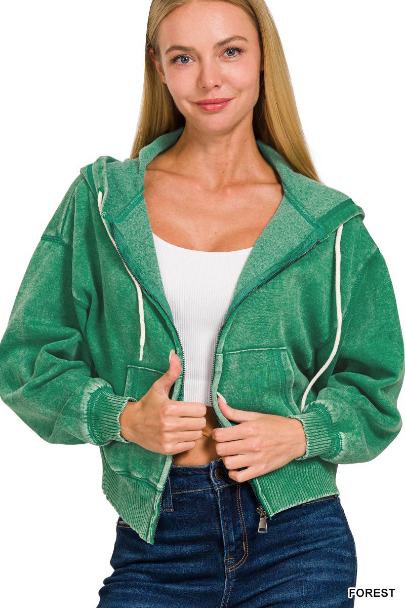 `Acid Wash Fleece Cropped Zip Up Hoodie - Zenana