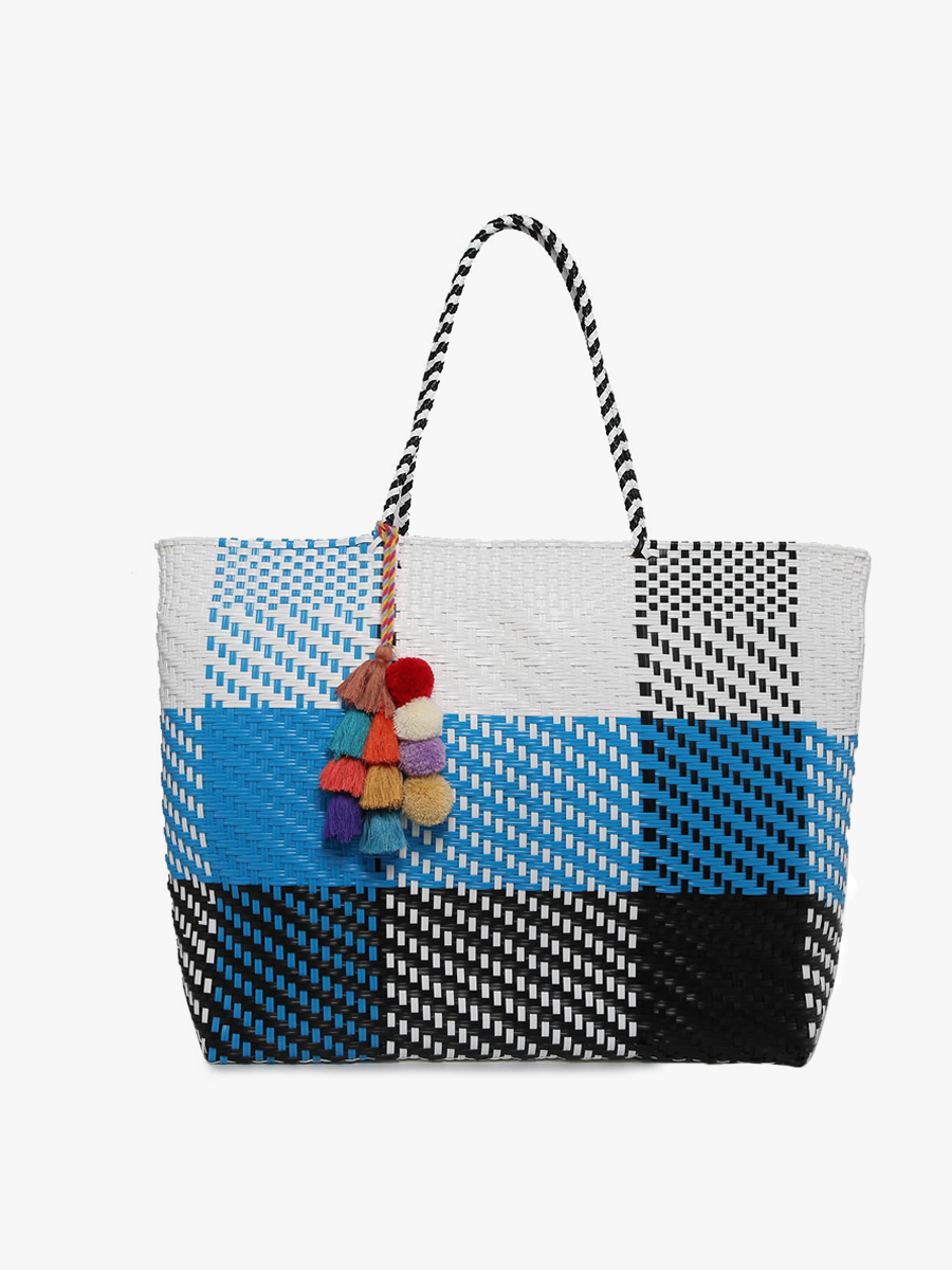 M2069 Allie XL Woven Tote w/ Pom-Poms