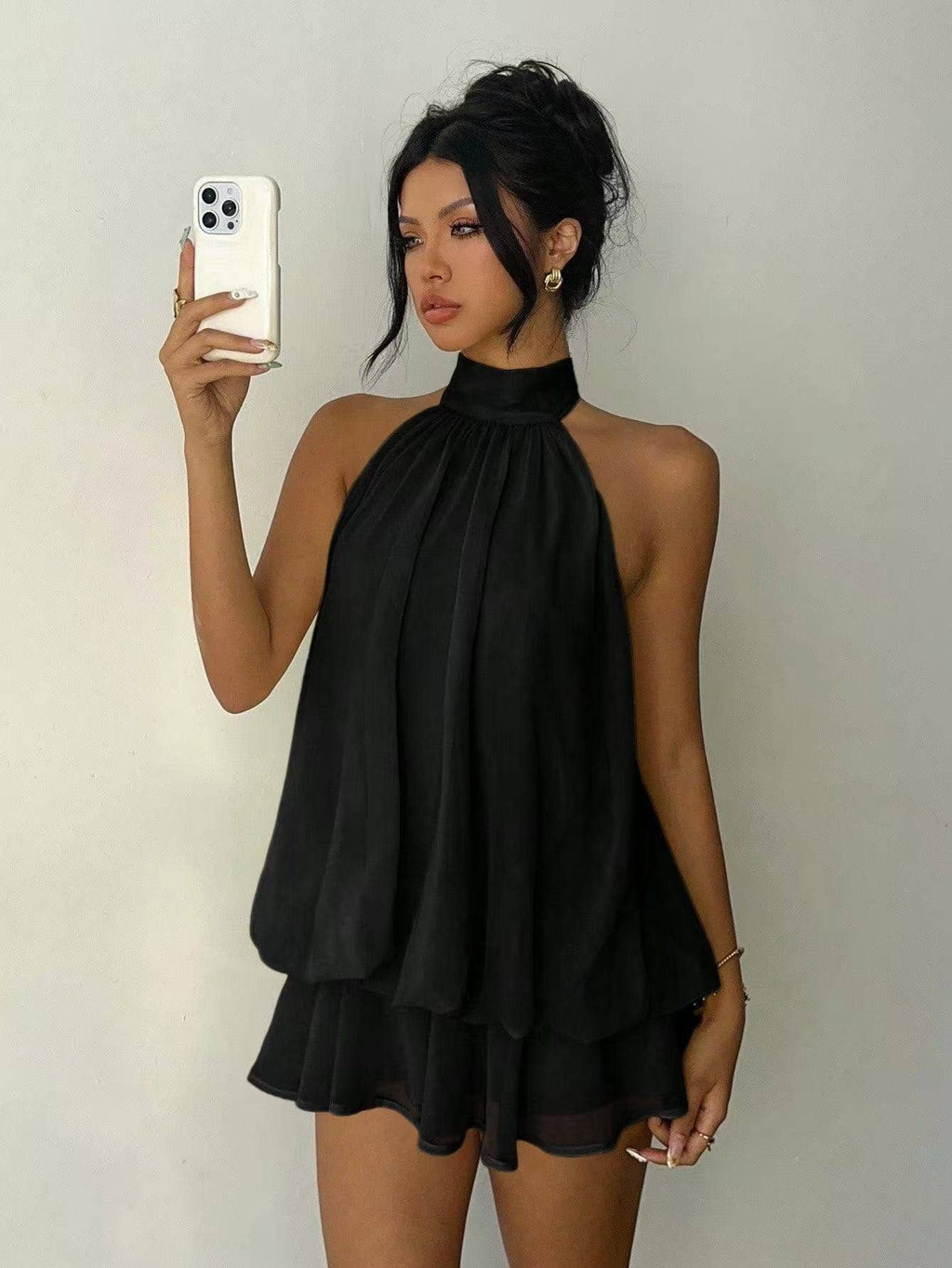Sexy backless neck-baring puff-sleeved dress