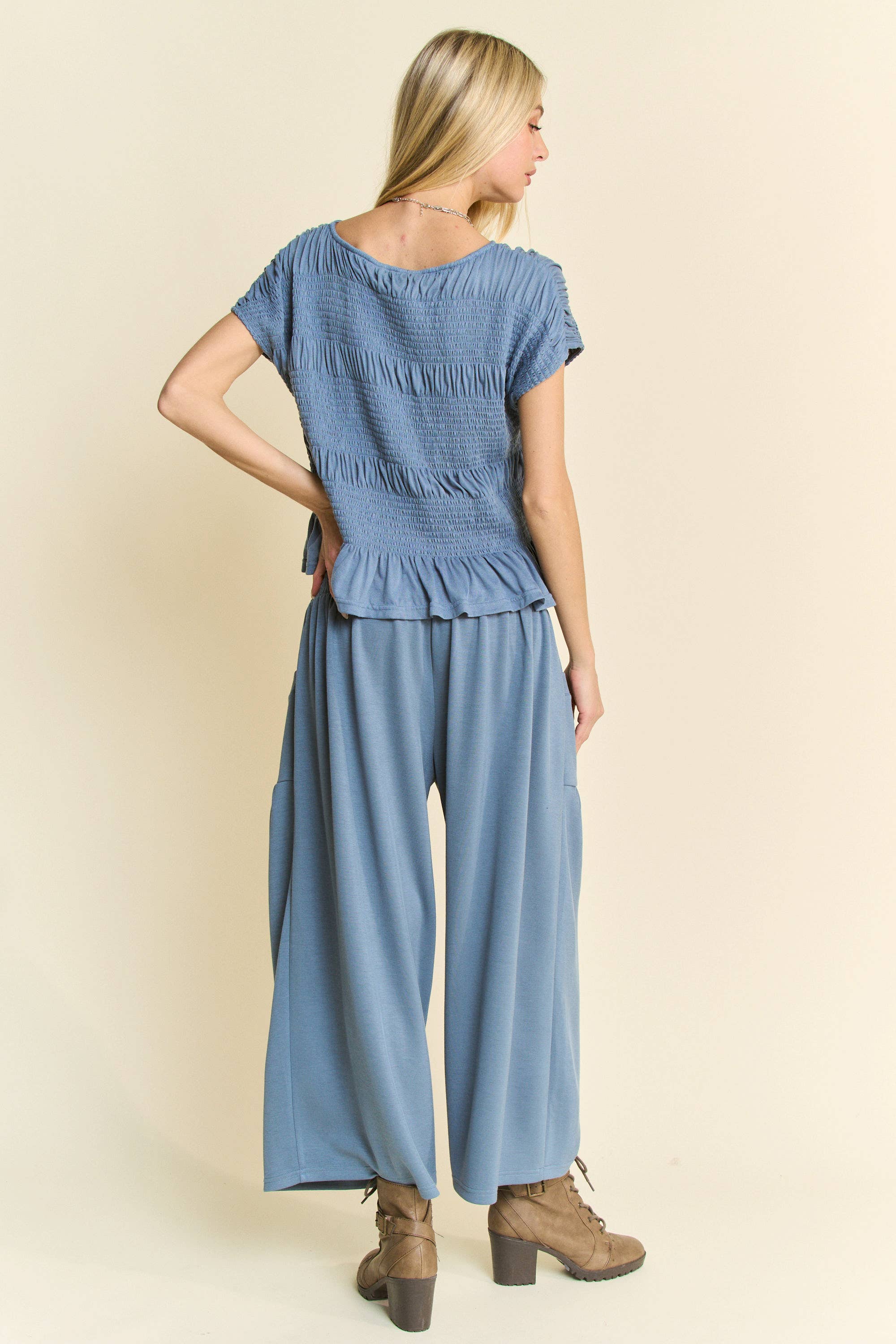 DETP40227-UFFLE CAP SLEEVE TOP AND WAISTBAND PANTS SET