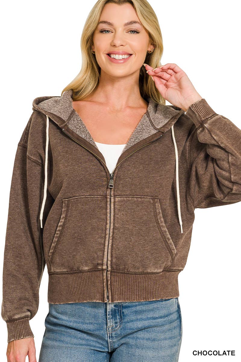 Acid Wash Fleece Cropped Zip Up Hoodie - Zenana