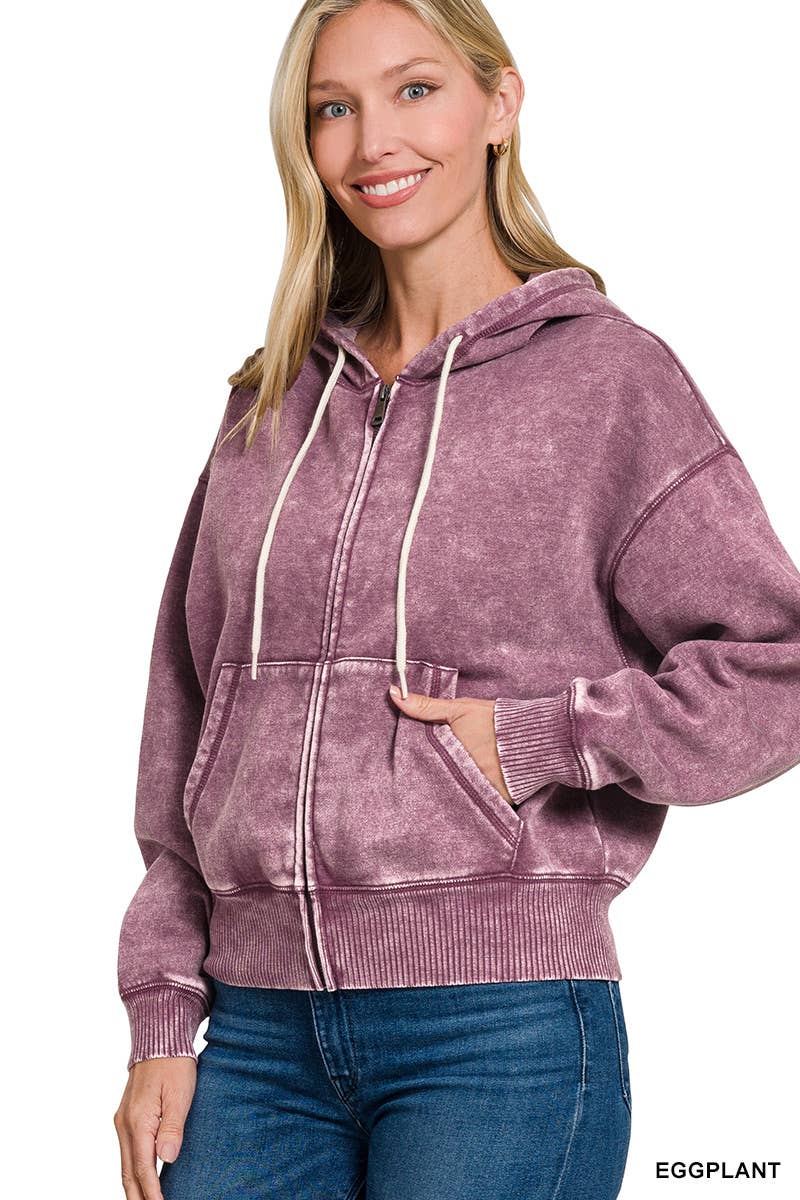 Acid Wash Fleece Cropped Zip Up Hoodie - Zenana