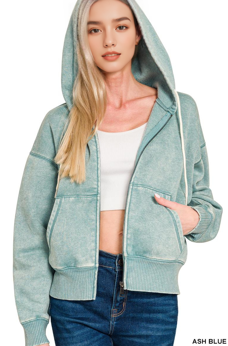 `Acid Wash Fleece Cropped Zip Up Hoodie - Zenana