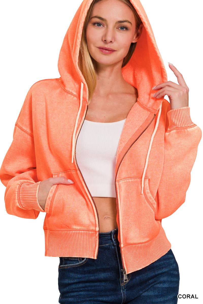 Acid Wash Fleece Cropped Zip Up Hoodie - Zenana