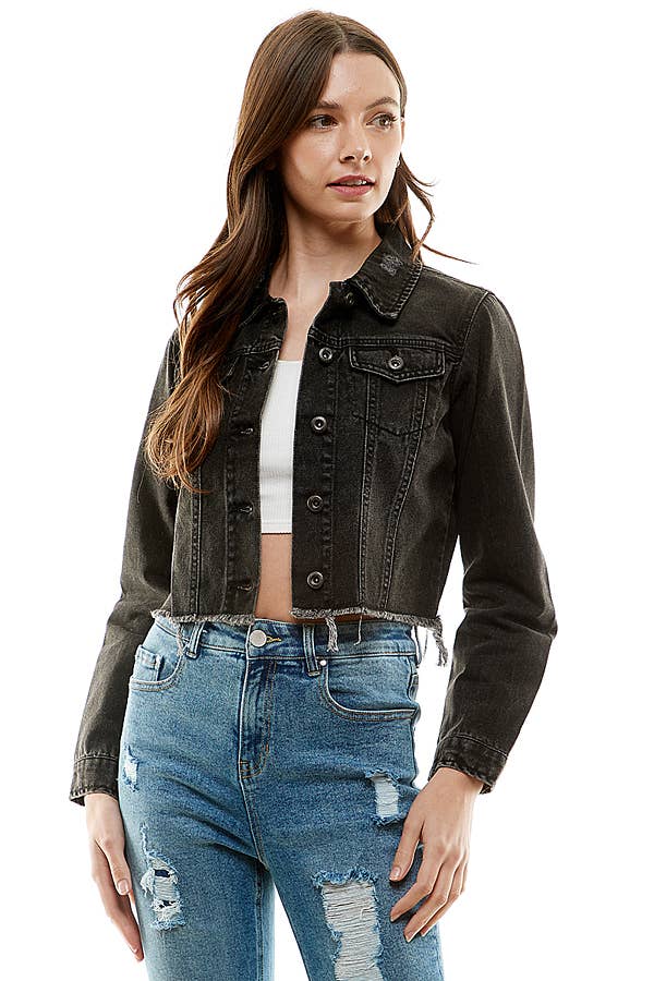 Ladies'  Cropcut Denim Jacket with Distressed, JK-4010