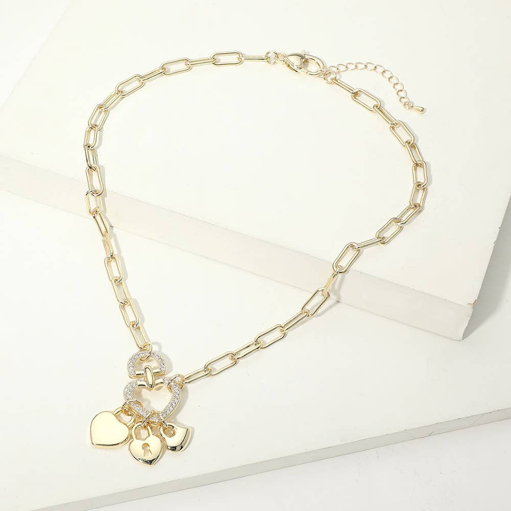 14K Gold Plated CZ Pave Heart Ring Triple Padlock Charm Pendant Paperclip Chain Necklace
