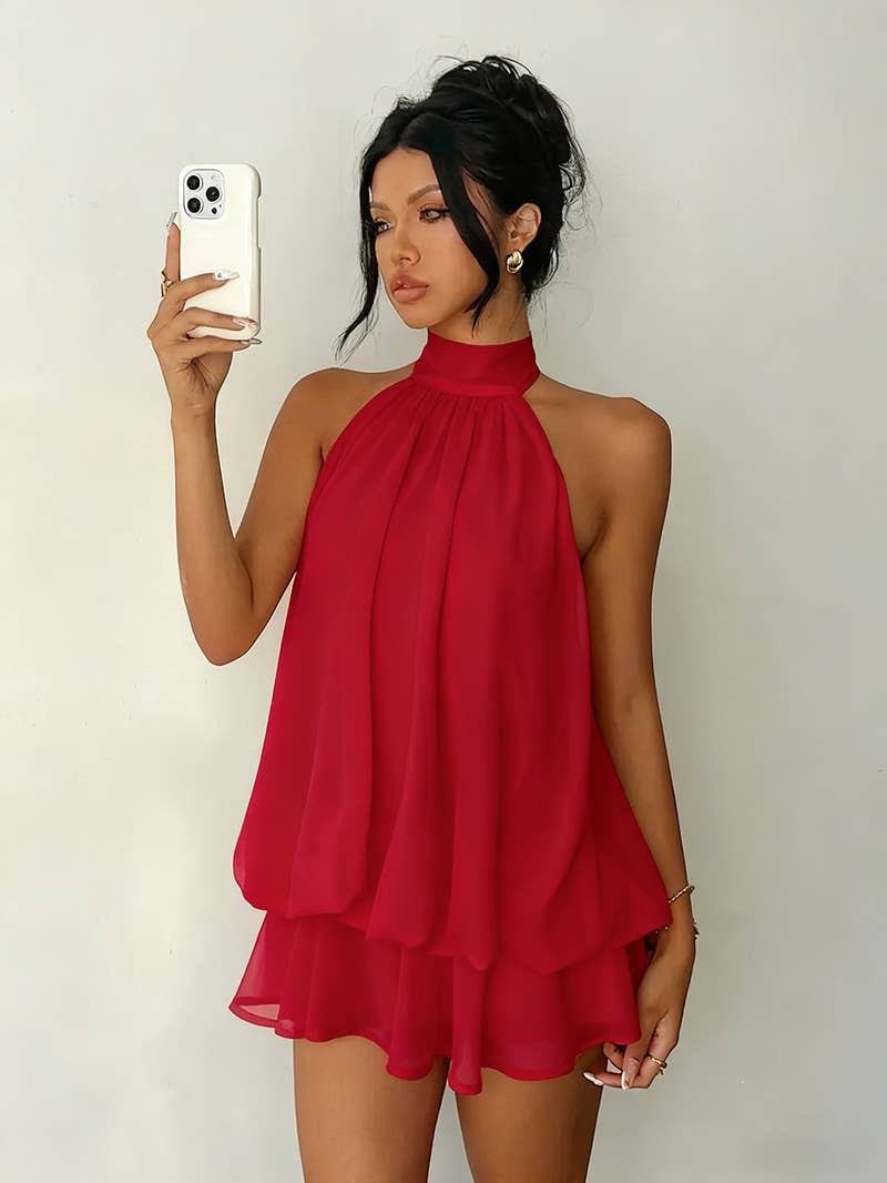 Sexy backless neck-baring puff-sleeved dress