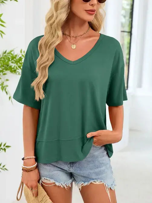 Loose Fit V Neck Short Sleeve Casual Tee