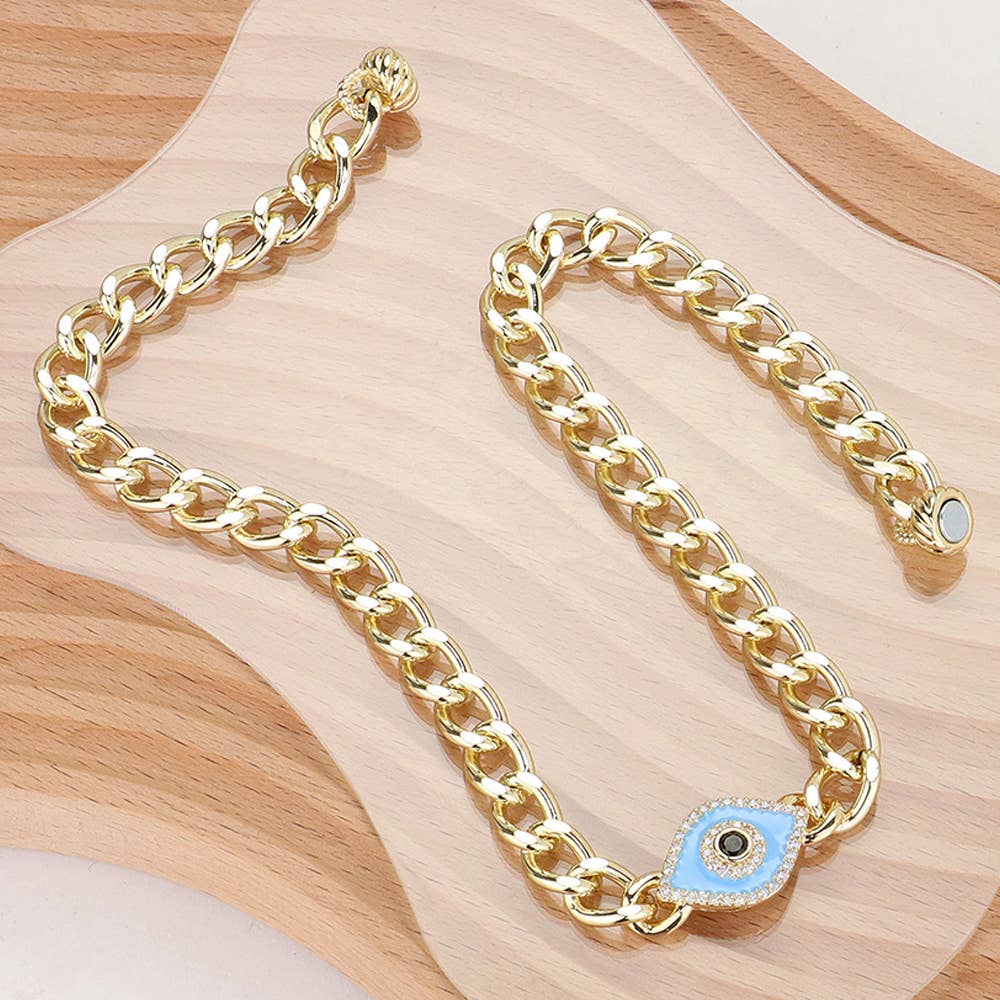 14K Gold Plated CZ Paved Enamel Evil Eye Pendant Necklace