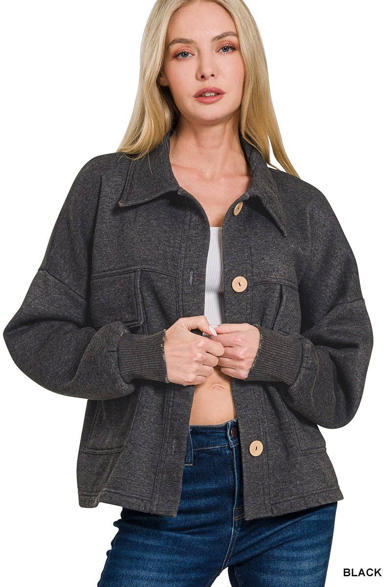 Acid Washed Fleece Front Pocket Cropped Shacket
