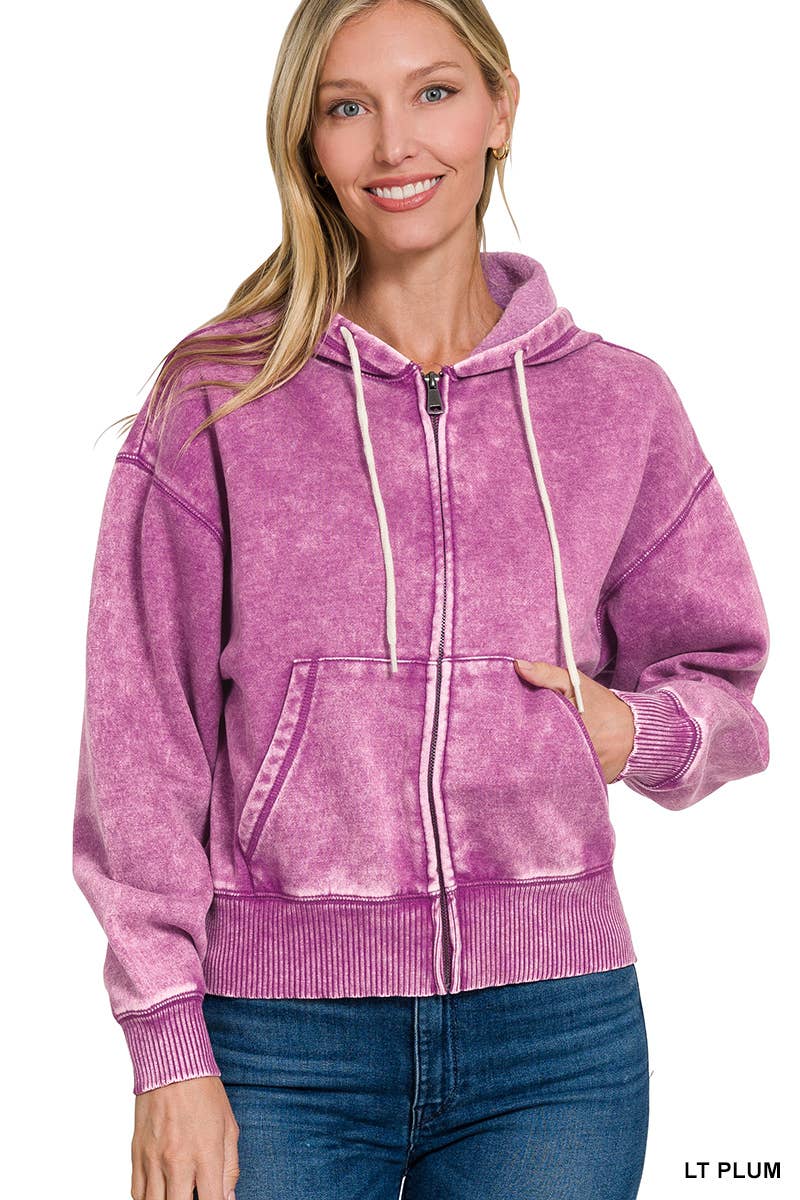 `Acid Wash Fleece Cropped Zip Up Hoodie - Zenana