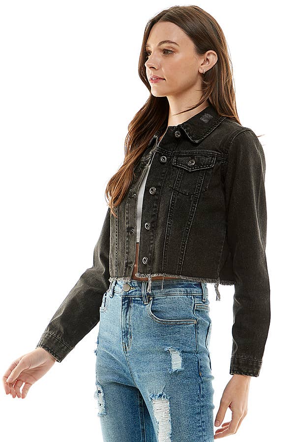 Ladies'  Cropcut Denim Jacket with Distressed, JK-4010