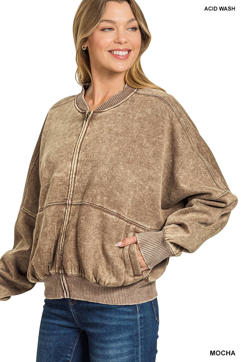 Washed Fleece Bomber Jacket Zenana