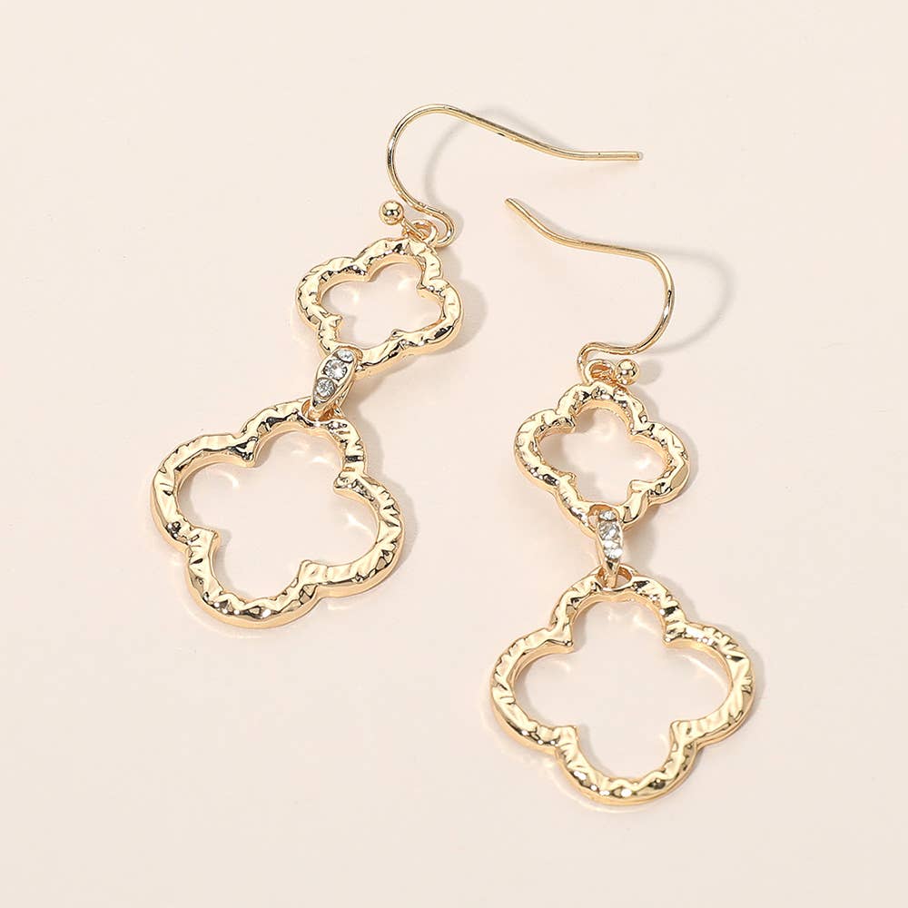 Textured Metal Open Quatrefoil Stone Pave Link Drop Earrings