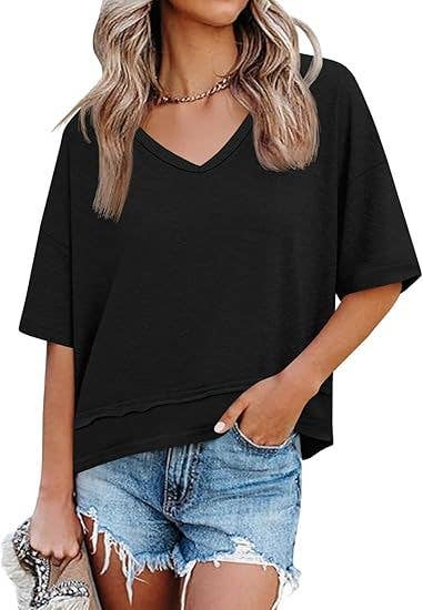 Oversized V Neck Tee Cotton Blend Loose Casual Top