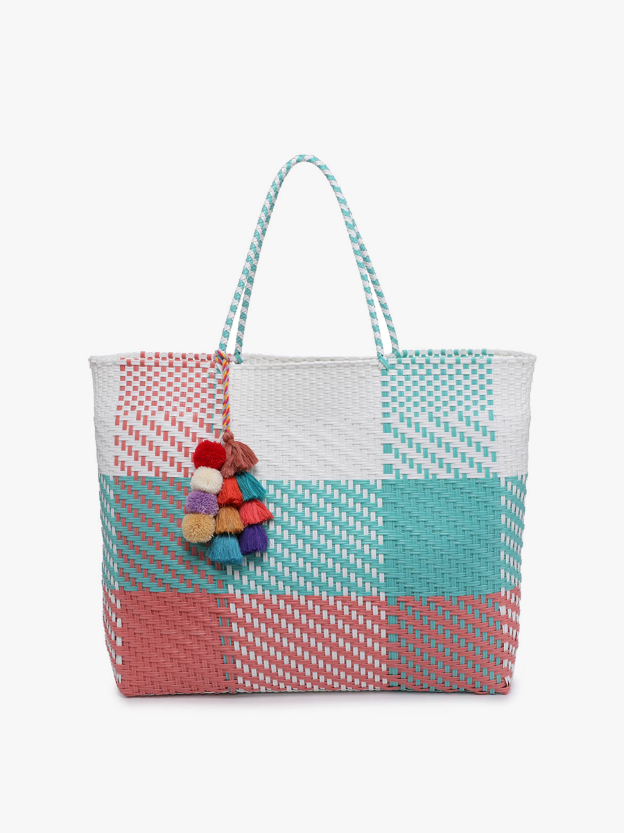 M2069 Allie XL Woven Tote w/ Pom-Poms