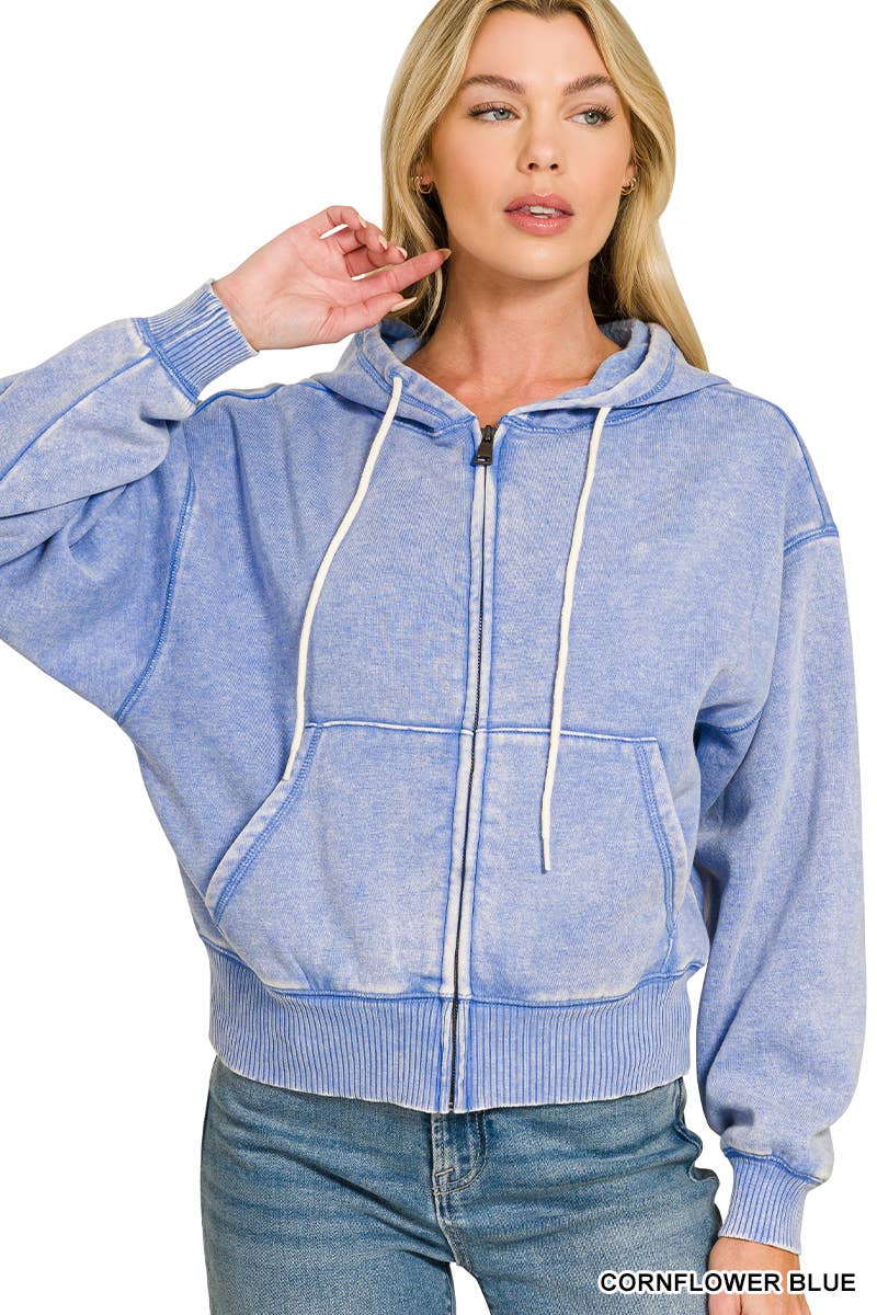 Acid Wash Fleece Cropped Zip Up Hoodie - Zenana