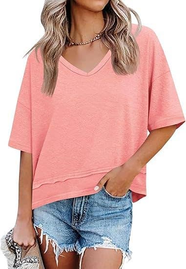 Oversized V Neck Tee Cotton Blend Loose Casual Top