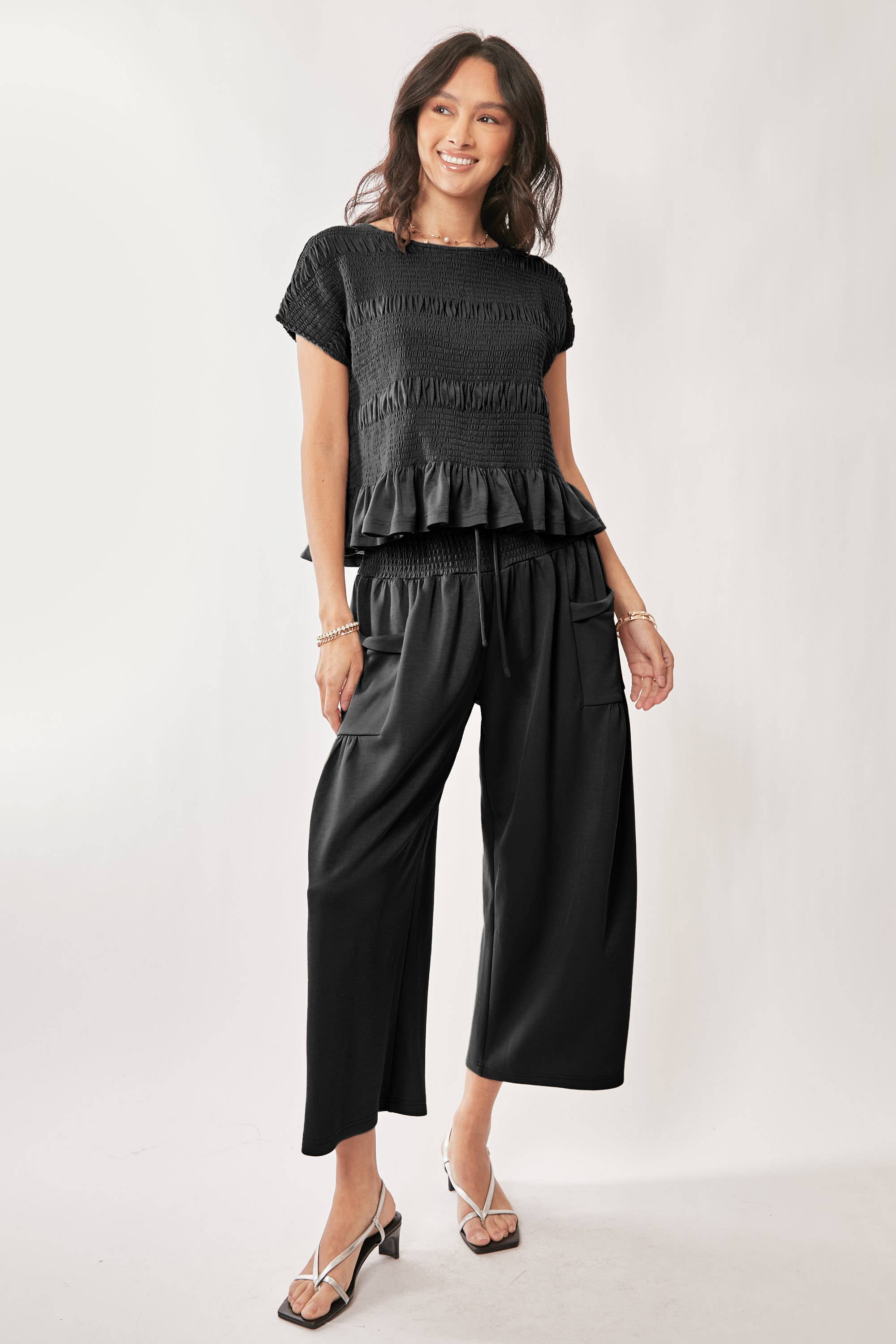 DETP40227-UFFLE CAP SLEEVE TOP AND WAISTBAND PANTS SET