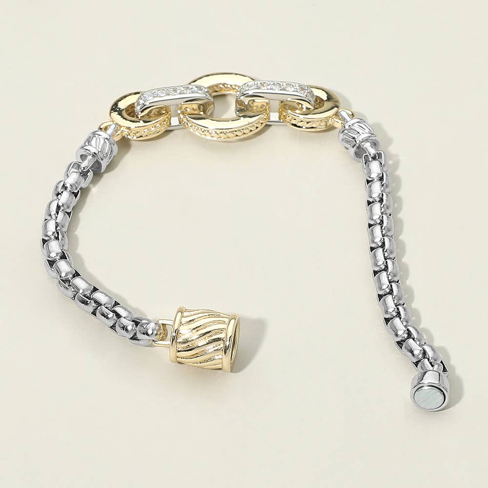 14K Gold Plated Two Tone Triple Ring CZ Pave Link Magnetic Bracelet