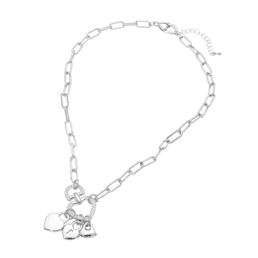 14K Gold Plated CZ Pave Heart Ring Triple Padlock Charm Pendant Paperclip Chain Necklace