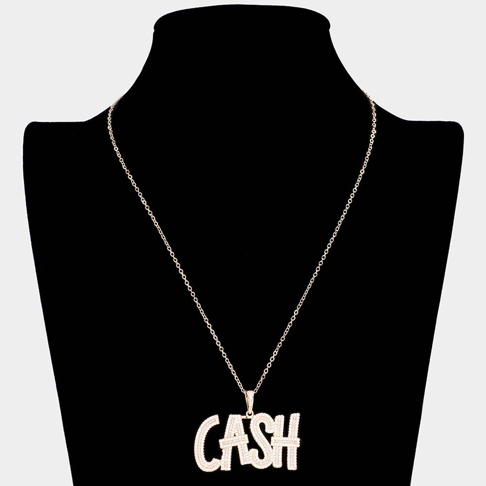 CZ Stone Paved CASH Message Pendant Necklace
