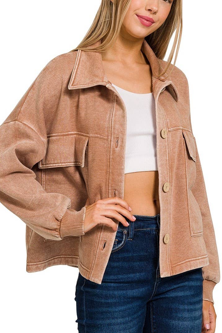 Acid Washed Fleece Front Pocket Cropped Shacket