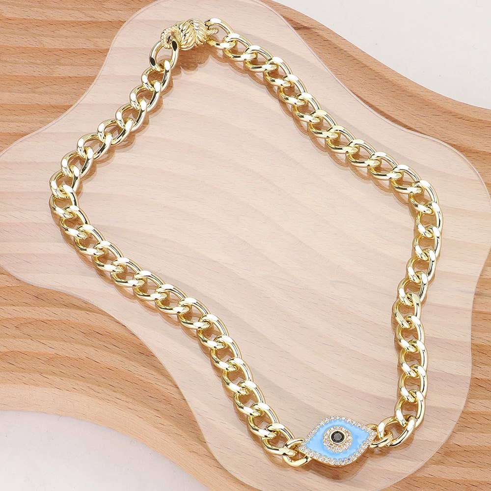 14K Gold Plated CZ Paved Enamel Evil Eye Pendant Necklace
