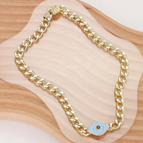 14K Gold Plated CZ Paved Enamel Evil Eye Pendant Necklace