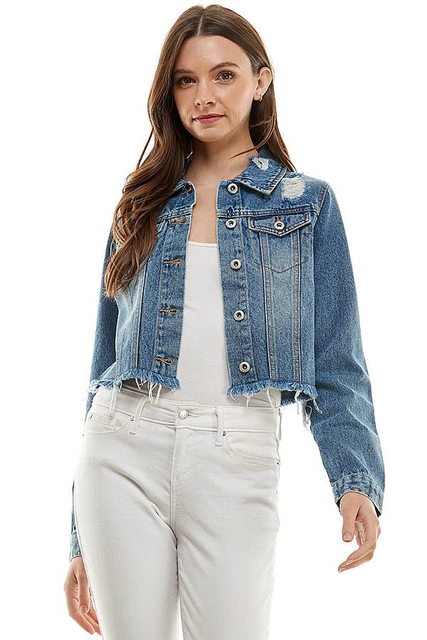 Ladies'  Cropcut Denim Jacket with Distressed, JK-4010