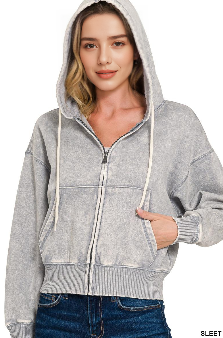 Acid Wash Fleece Cropped Zip Up Hoodie - Zenana