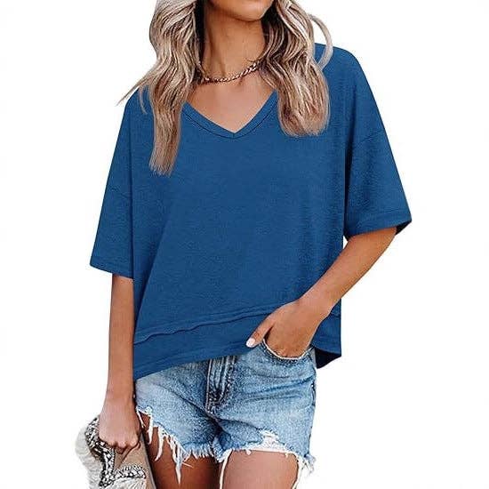 Oversized V Neck Tee Cotton Blend Loose Casual Top