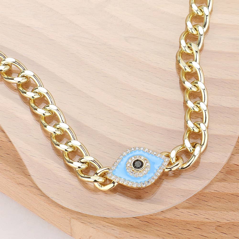 14K Gold Plated CZ Paved Enamel Evil Eye Pendant Necklace