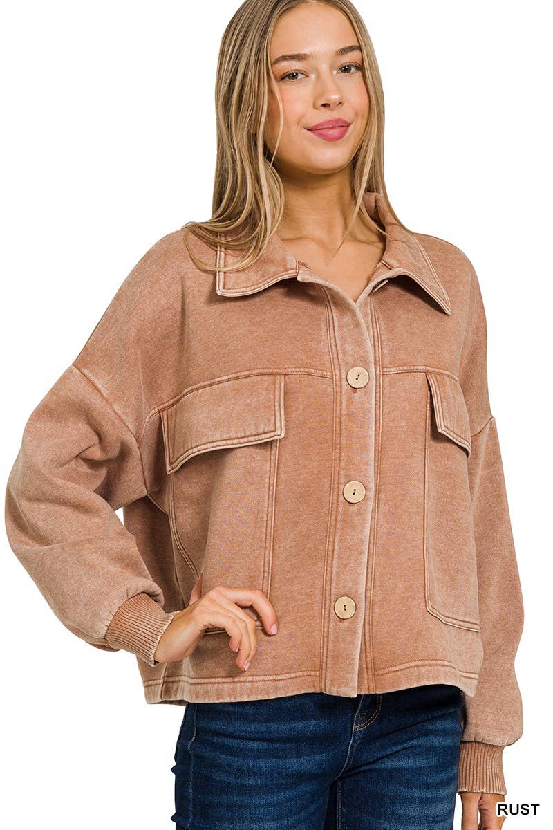 Acid Washed Fleece Front Pocket Cropped Shacket