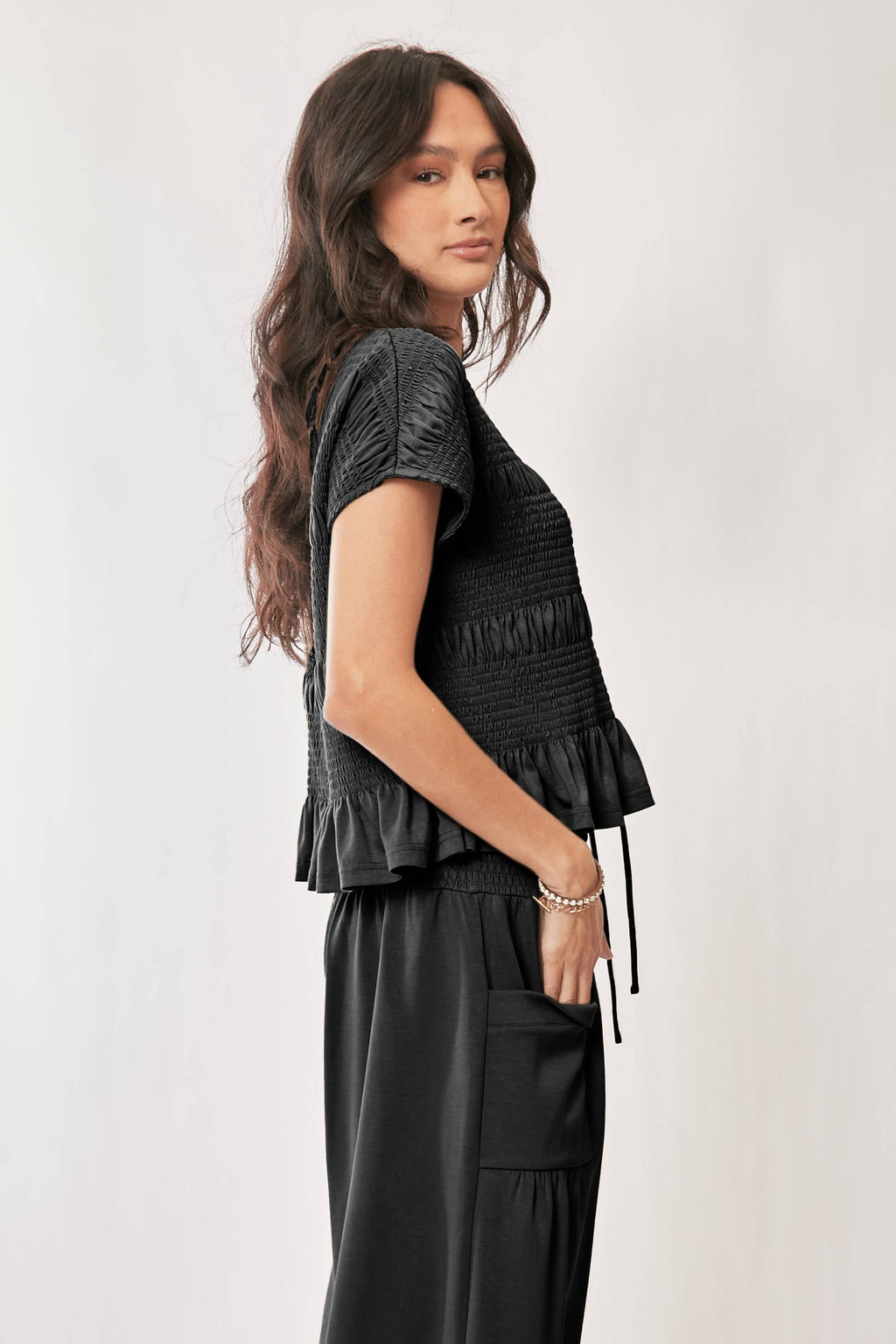 DETP40227-UFFLE CAP SLEEVE TOP AND WAISTBAND PANTS SET