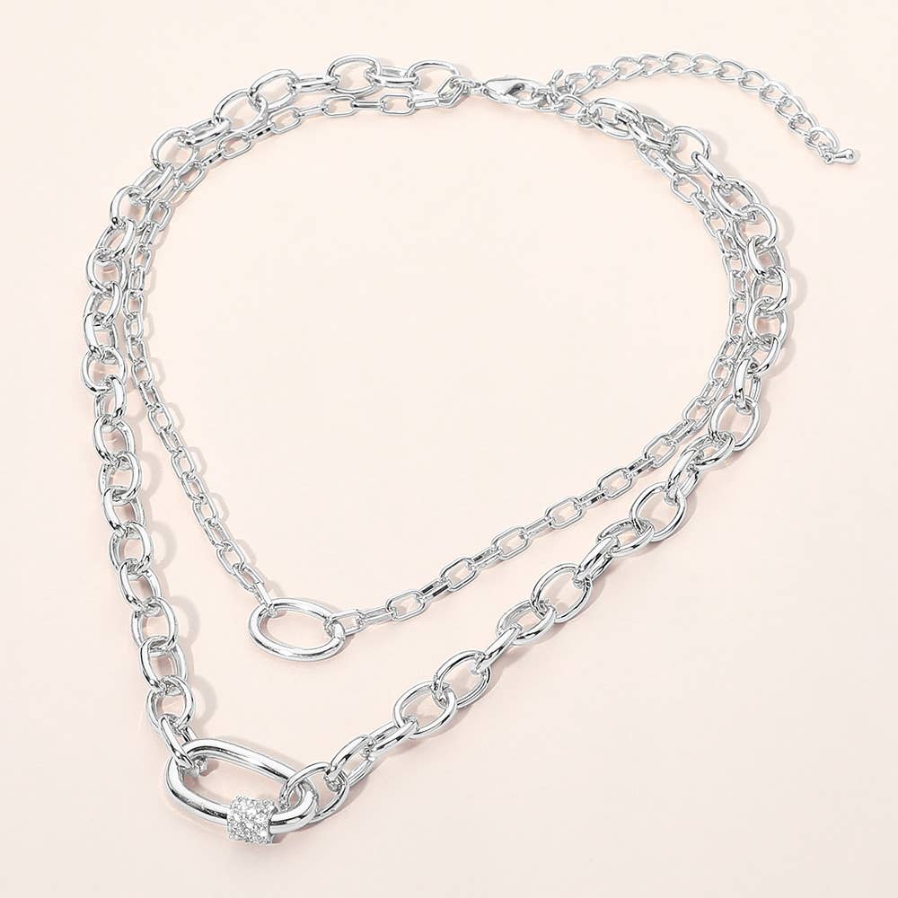 CZ Pave Carabiner Pendant Accent Chunky Layered Chain Necklace
