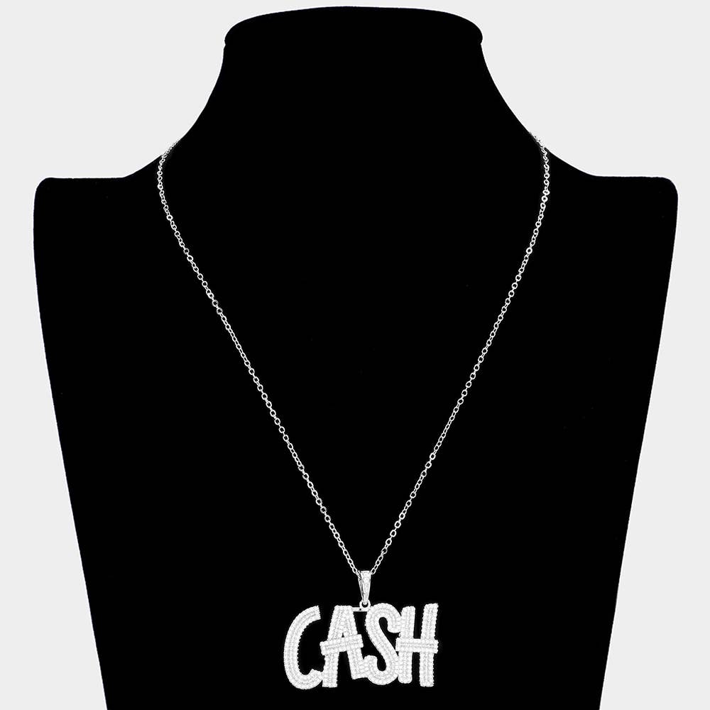 CZ Stone Paved CASH Message Pendant Necklace