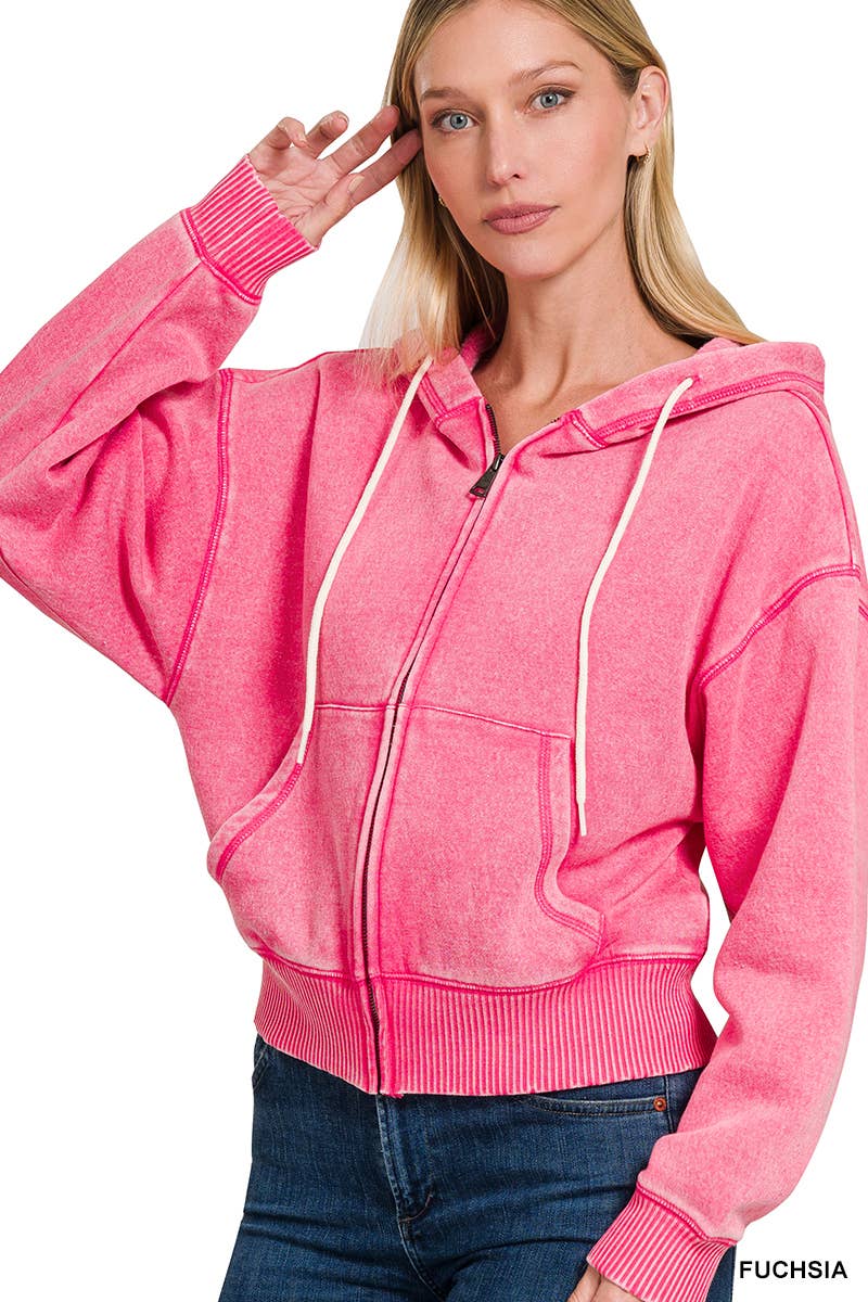 `Acid Wash Fleece Cropped Zip Up Hoodie - Zenana