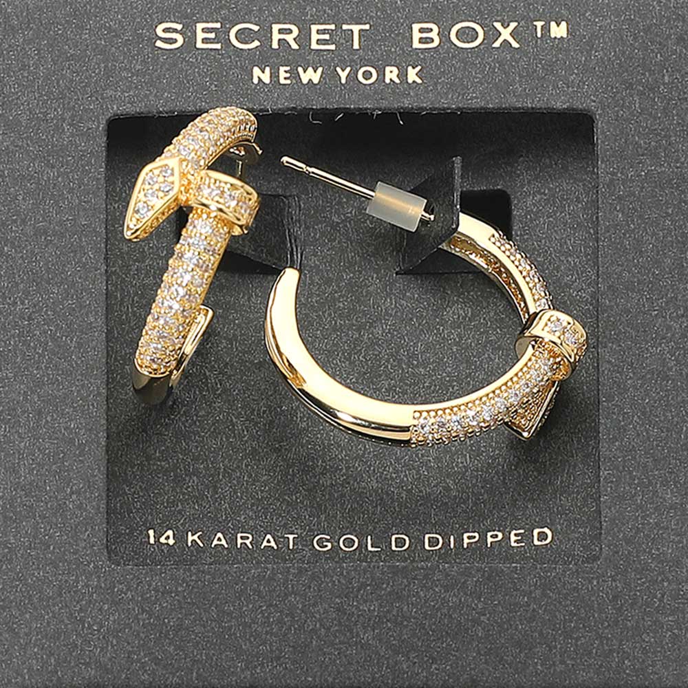 SECRET BOX_14k Gold Dipped Rhinestone Paved Nail Hoop Earrings